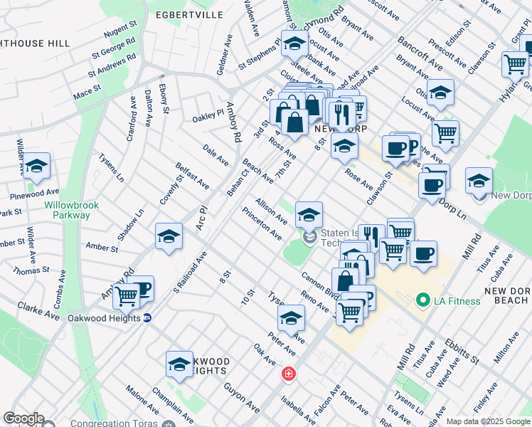 map of restaurants, bars, coffee shops, grocery stores, and more near 61 Princeton Avenue in Staten Island