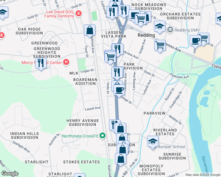 map of restaurants, bars, coffee shops, grocery stores, and more near 1369 Spruce Street in Redding