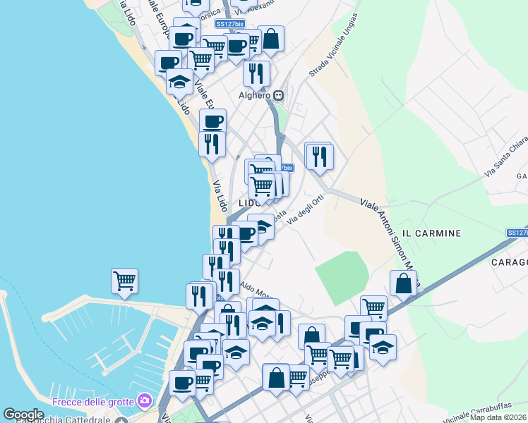 map of restaurants, bars, coffee shops, grocery stores, and more near 128 Via degli Orti in Alghero