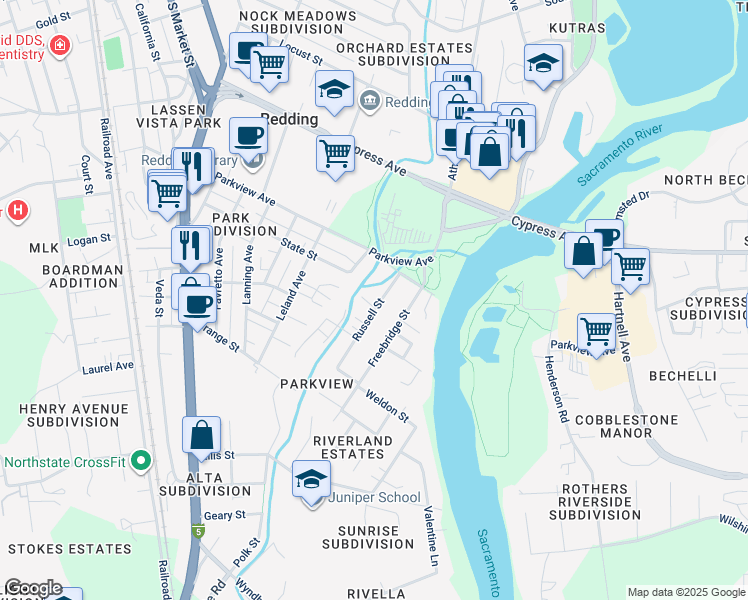 map of restaurants, bars, coffee shops, grocery stores, and more near 2572 Russell Street in Redding