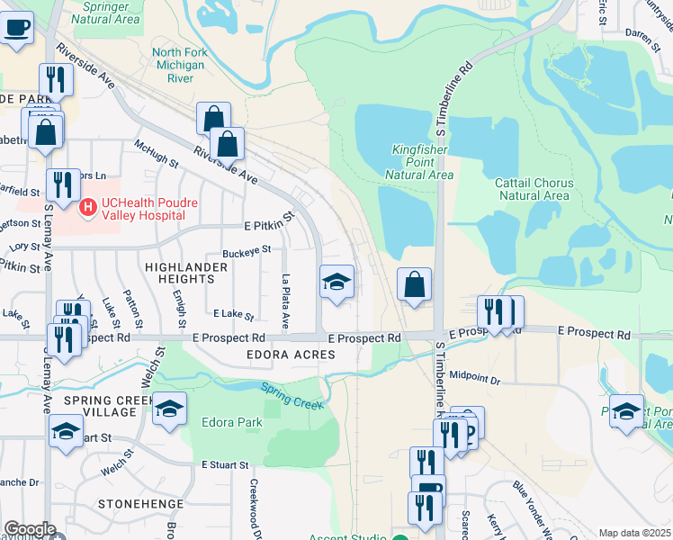 map of restaurants, bars, coffee shops, grocery stores, and more near 1640 Riverside Ave in Fort Collins