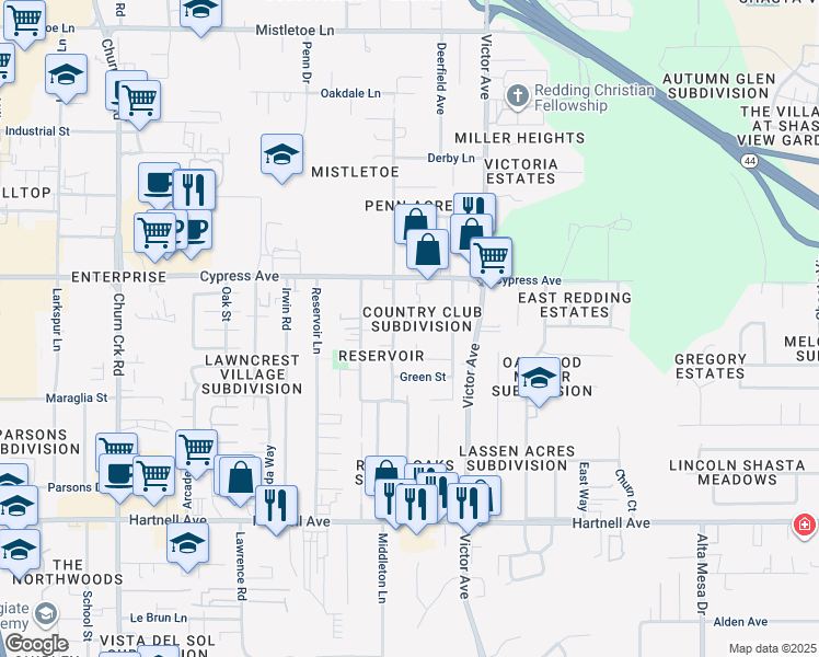 map of restaurants, bars, coffee shops, grocery stores, and more near 2655 Oxford Road in Redding