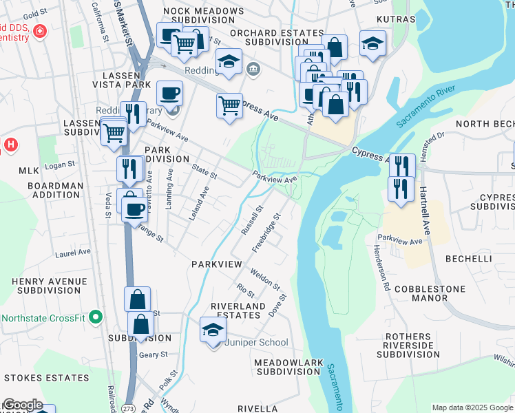 map of restaurants, bars, coffee shops, grocery stores, and more near 2620 Russell Street in Redding