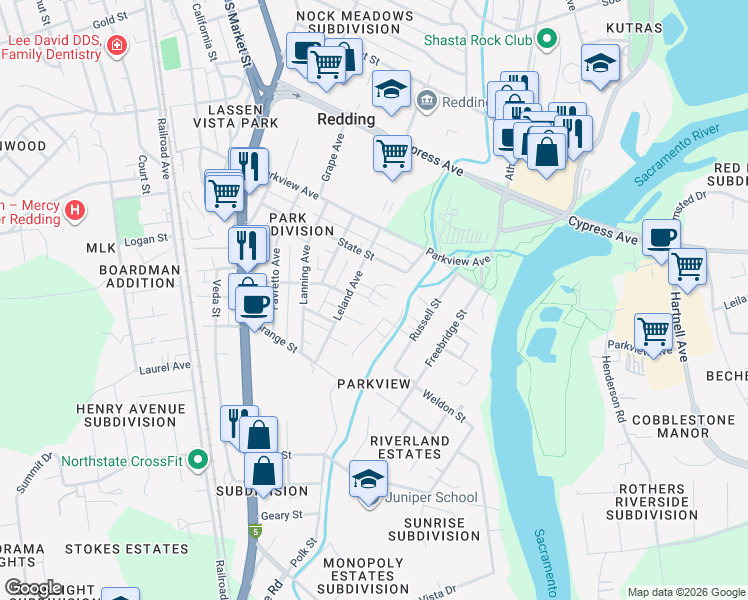 map of restaurants, bars, coffee shops, grocery stores, and more near 703 Leland Court in Redding
