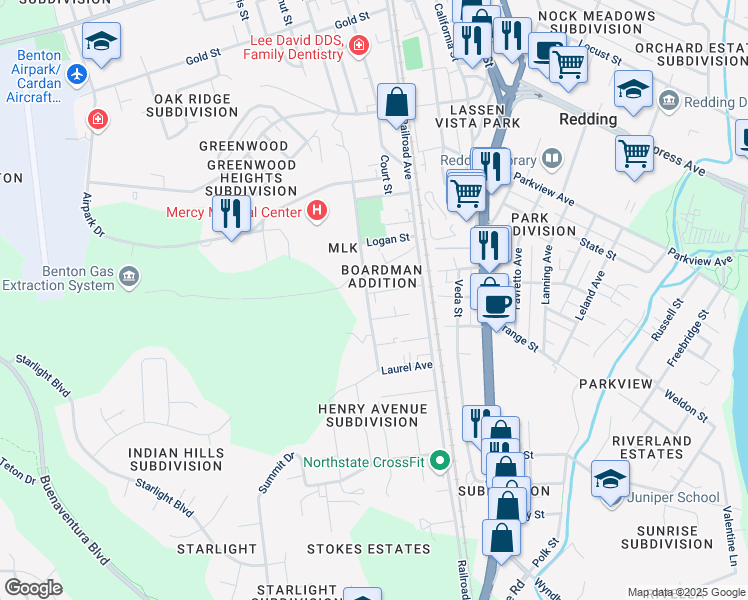 map of restaurants, bars, coffee shops, grocery stores, and more near 1848 Roanoke Avenue in Redding