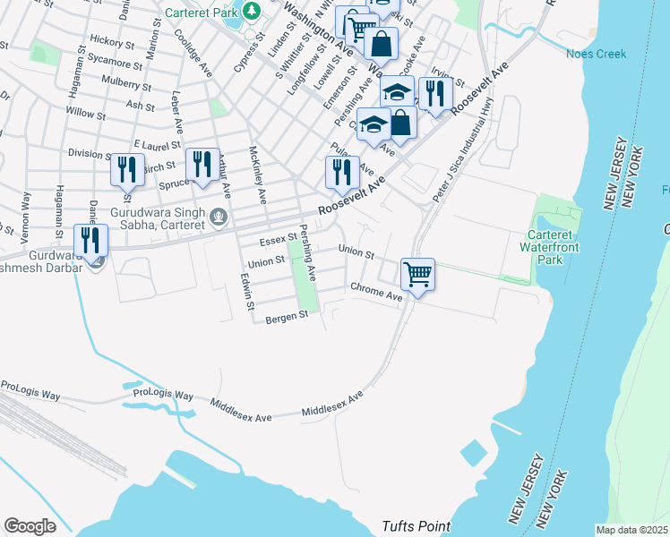 map of restaurants, bars, coffee shops, grocery stores, and more near 77 Mercer Street in Carteret