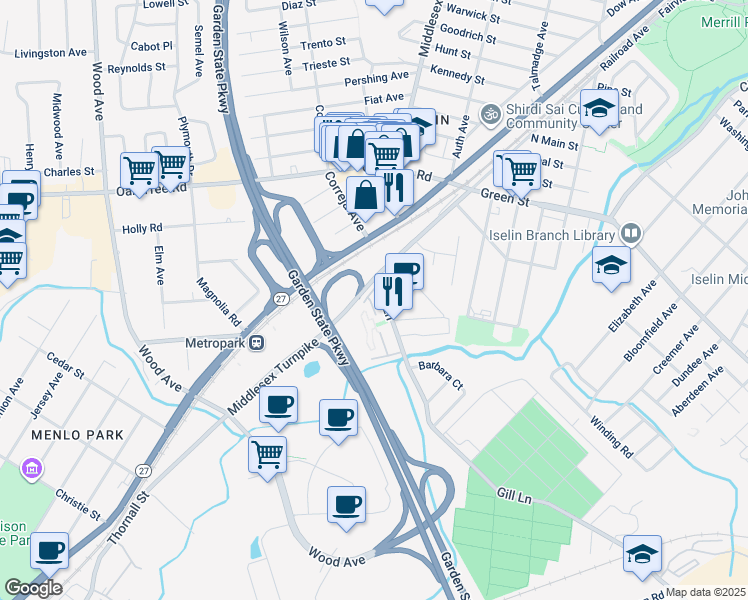 map of restaurants, bars, coffee shops, grocery stores, and more near 48 Gill Lane in Woodbridge Township