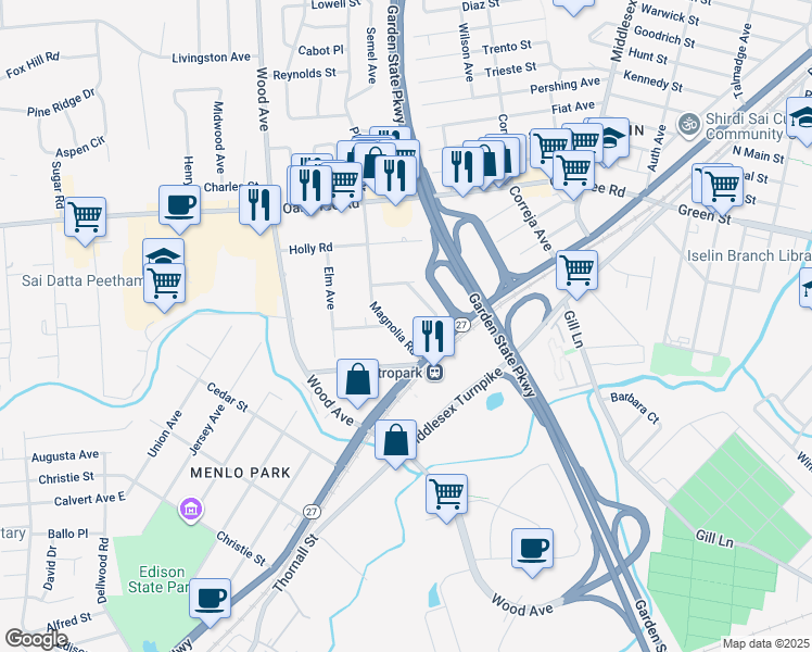 map of restaurants, bars, coffee shops, grocery stores, and more near 25 Magnolia Road in Woodbridge Township