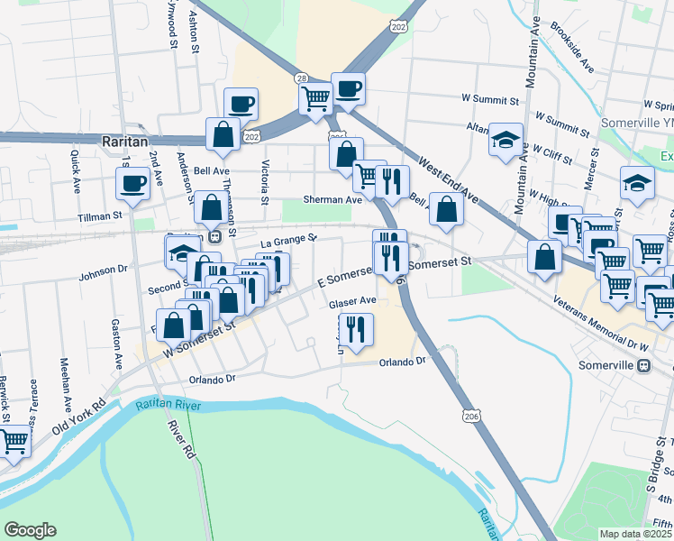 map of restaurants, bars, coffee shops, grocery stores, and more near 64 East Somerset Street in Raritan