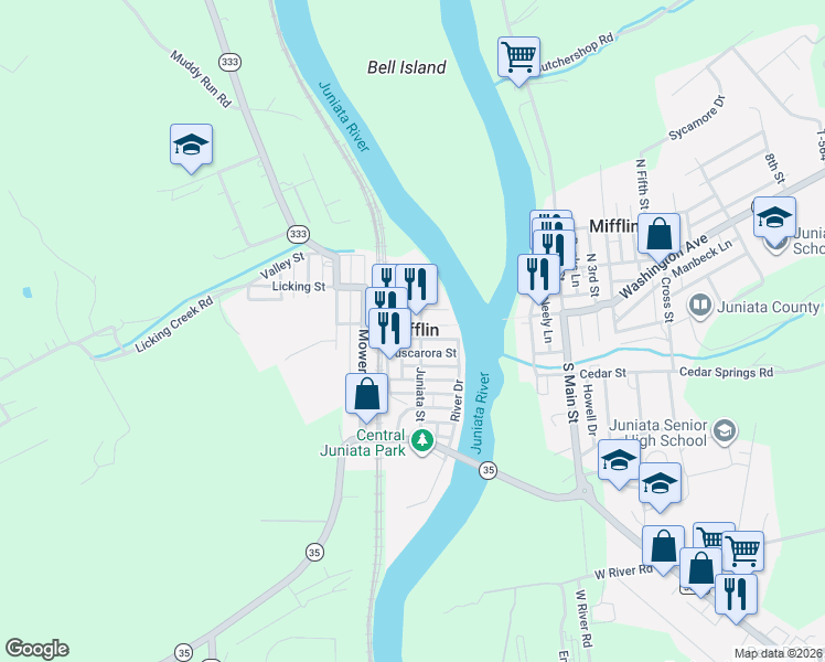 map of restaurants, bars, coffee shops, grocery stores, and more near in Mifflin
