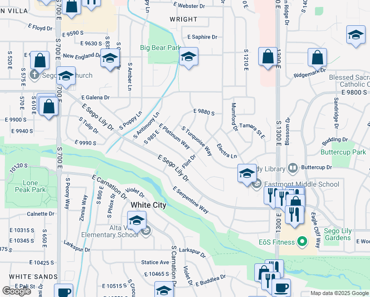 map of restaurants, bars, coffee shops, grocery stores, and more near 1043 East Diamond Way in Sandy