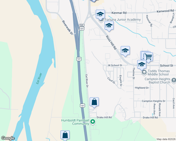 map of restaurants, bars, coffee shops, grocery stores, and more near 1595 Eel River Drive in Fortuna