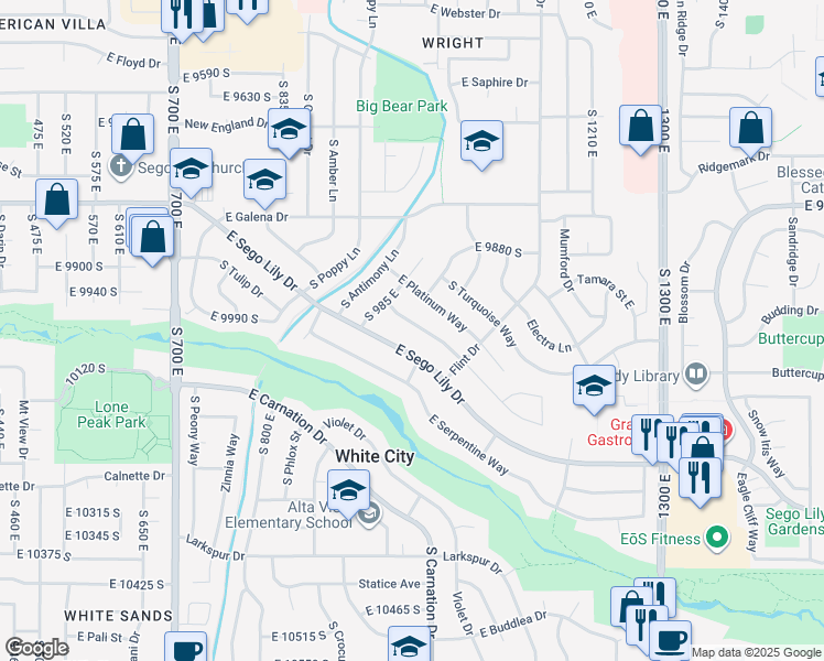 map of restaurants, bars, coffee shops, grocery stores, and more near 992 East Diamond Way in Sandy
