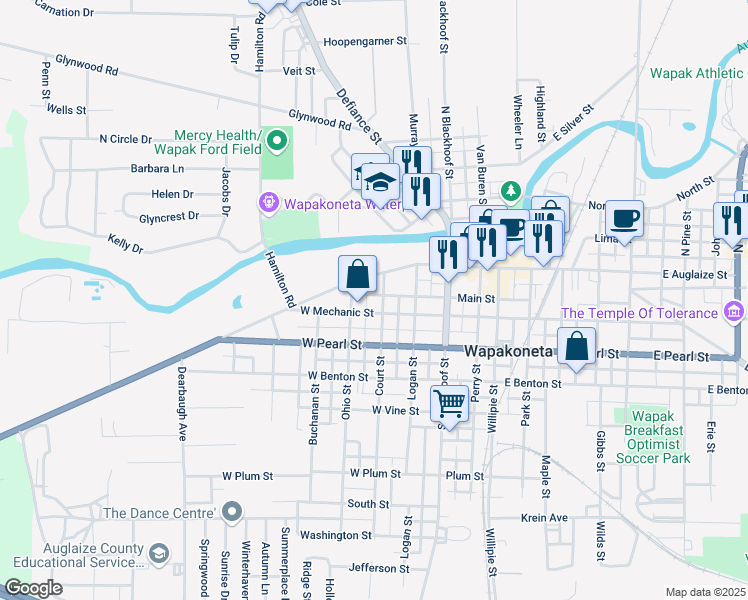 map of restaurants, bars, coffee shops, grocery stores, and more near 405 West Mechanic Street in Wapakoneta