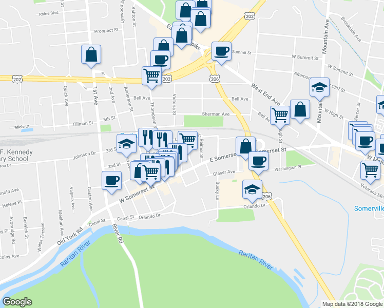 map of restaurants, bars, coffee shops, grocery stores, and more near 10 Codington Street in Raritan