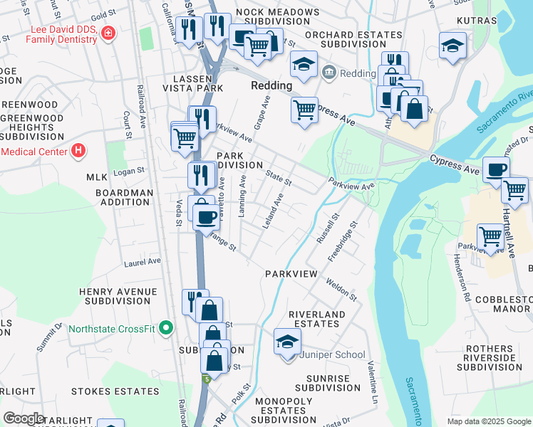 map of restaurants, bars, coffee shops, grocery stores, and more near 811 Fell Street in Redding