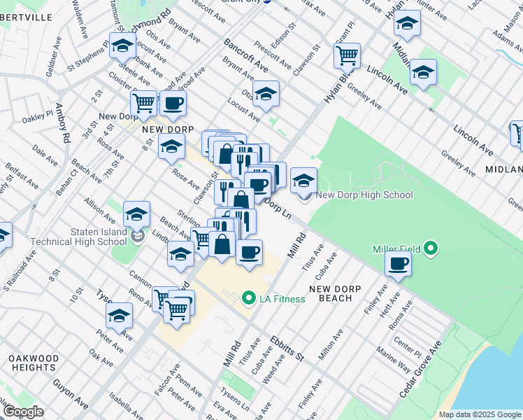 map of restaurants, bars, coffee shops, grocery stores, and more near 430 New Dorp Lane in Staten Island