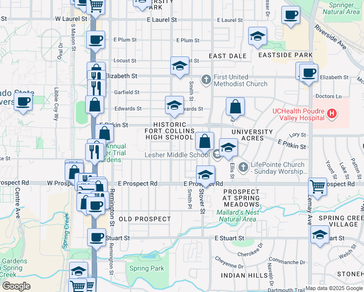 map of restaurants, bars, coffee shops, grocery stores, and more near 110 Circle Drive in Fort Collins