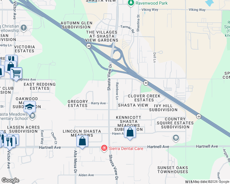 map of restaurants, bars, coffee shops, grocery stores, and more near 2632 Rainbow Lane in Redding