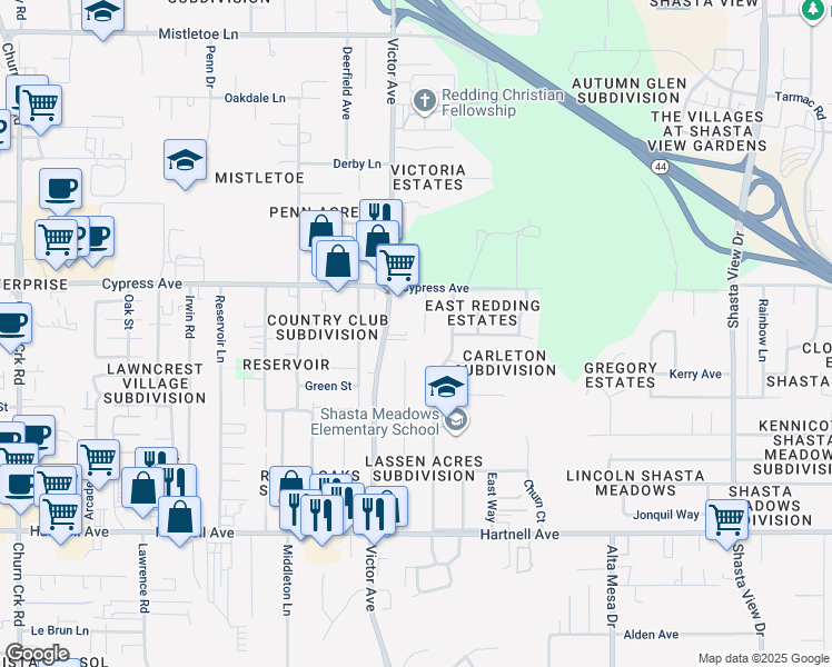map of restaurants, bars, coffee shops, grocery stores, and more near 2615 Victor Avenue in Redding