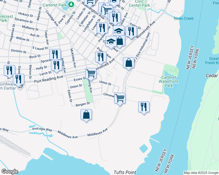 map of restaurants, bars, coffee shops, grocery stores, and more near 50 Chrome Avenue in Carteret