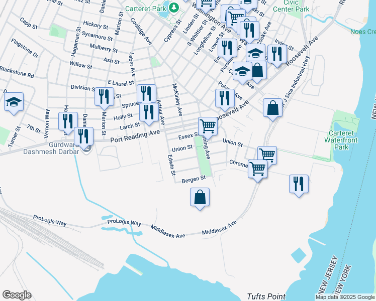 map of restaurants, bars, coffee shops, grocery stores, and more near 19 Warren Street in Carteret