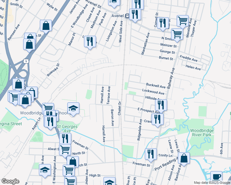 map of restaurants, bars, coffee shops, grocery stores, and more near 2 Colonial Court in Woodbridge Township