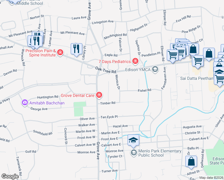 map of restaurants, bars, coffee shops, grocery stores, and more near 5 Whitewood Road in Edison