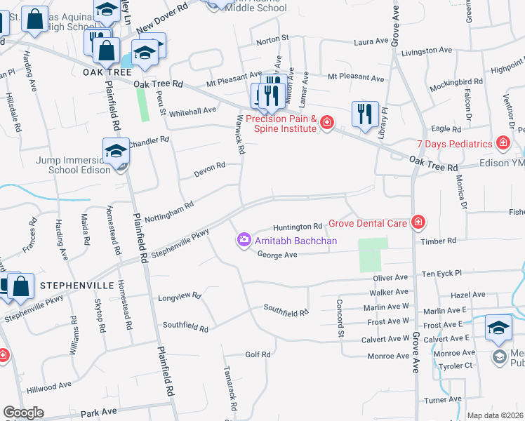map of restaurants, bars, coffee shops, grocery stores, and more near 9 Huntington Road in Edison