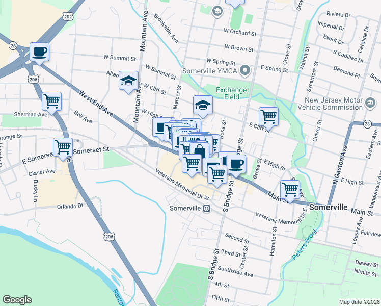 map of restaurants, bars, coffee shops, grocery stores, and more near 122 West Main Street in Somerville