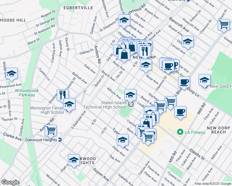 map of restaurants, bars, coffee shops, grocery stores, and more near 186 8 Street in Staten Island
