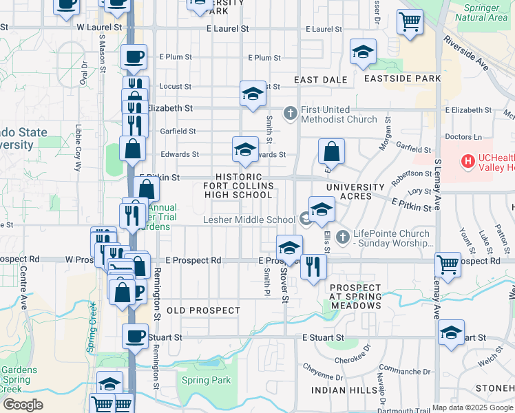 map of restaurants, bars, coffee shops, grocery stores, and more near 80 Circle Drive in Fort Collins