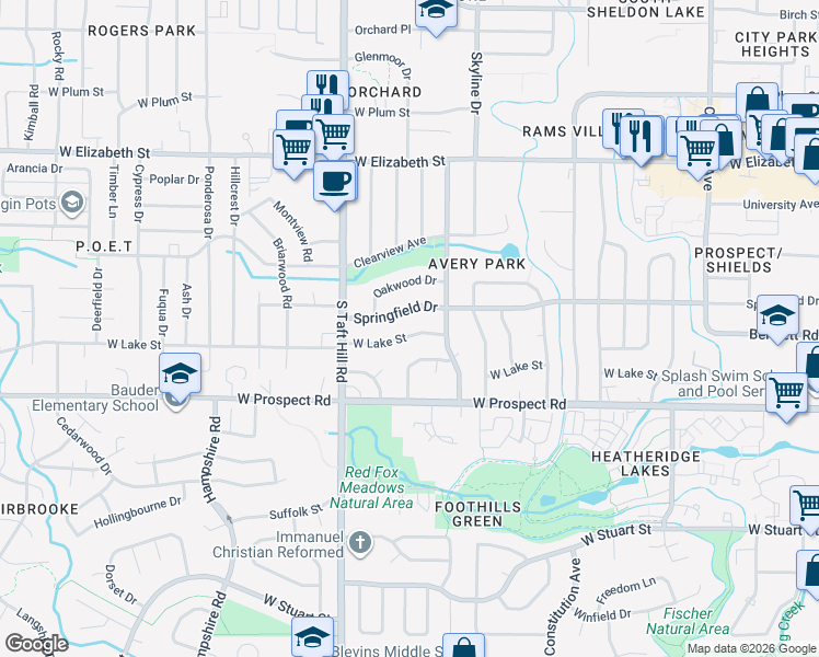 map of restaurants, bars, coffee shops, grocery stores, and more near 1920 West Lake Street in Fort Collins