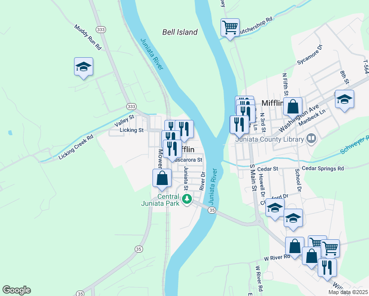 map of restaurants, bars, coffee shops, grocery stores, and more near in Mifflin