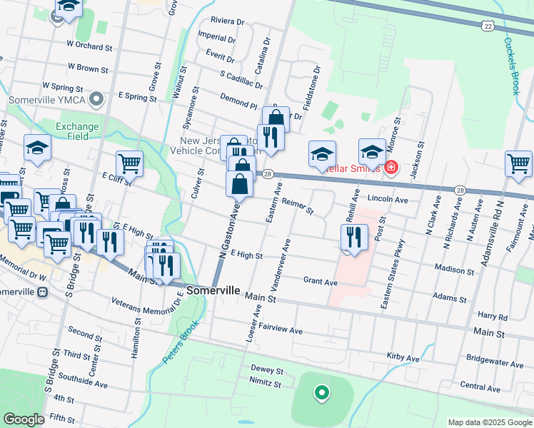 map of restaurants, bars, coffee shops, grocery stores, and more near 210 East Cliff Street in Somerville