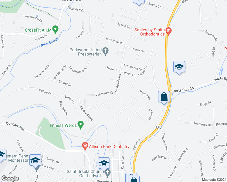 map of restaurants, bars, coffee shops, grocery stores, and more near 4217 Mount Royal Boulevard in Hampton Township