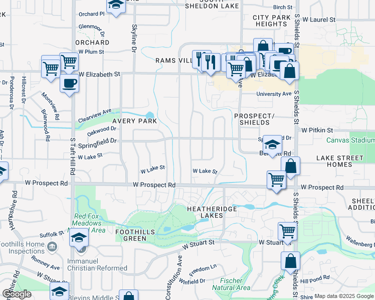 map of restaurants, bars, coffee shops, grocery stores, and more near 1313 South Bryan Avenue in Fort Collins