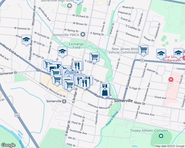 map of restaurants, bars, coffee shops, grocery stores, and more near 55 East High Street in Somerville