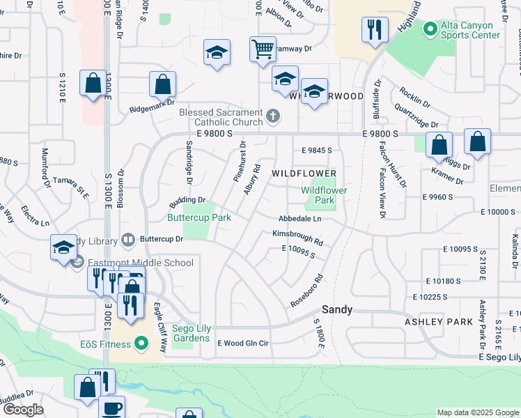 map of restaurants, bars, coffee shops, grocery stores, and more near 9993 Countrywood Drive in Sandy