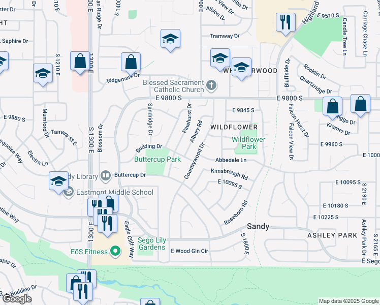 map of restaurants, bars, coffee shops, grocery stores, and more near 9979 Albury Road in Sandy