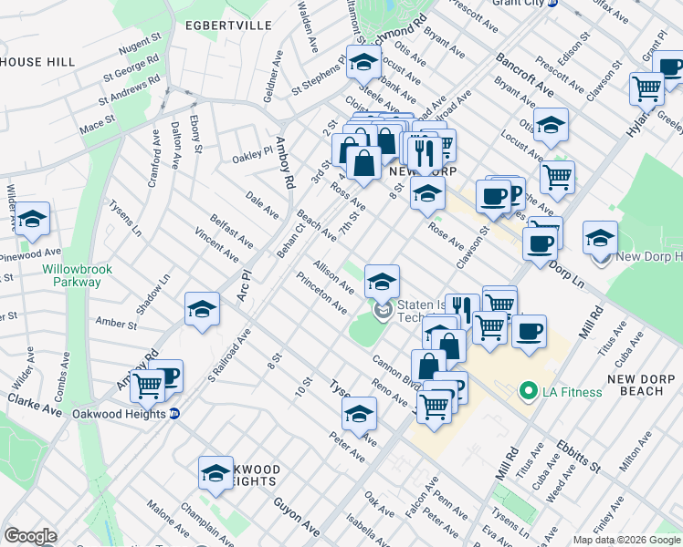 map of restaurants, bars, coffee shops, grocery stores, and more near 61 Princeton Avenue in Staten Island
