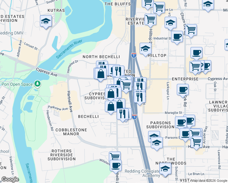 map of restaurants, bars, coffee shops, grocery stores, and more near 1058 Coggins Street in Redding