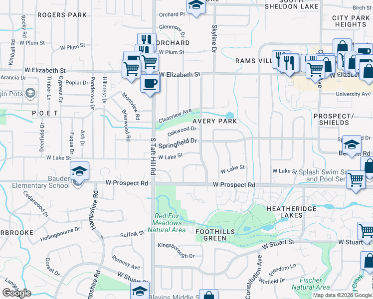 map of restaurants, bars, coffee shops, grocery stores, and more near 1920 Larkspur Drive in Fort Collins
