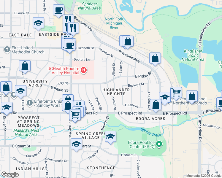 map of restaurants, bars, coffee shops, grocery stores, and more near 1401 Emigh Street in Fort Collins