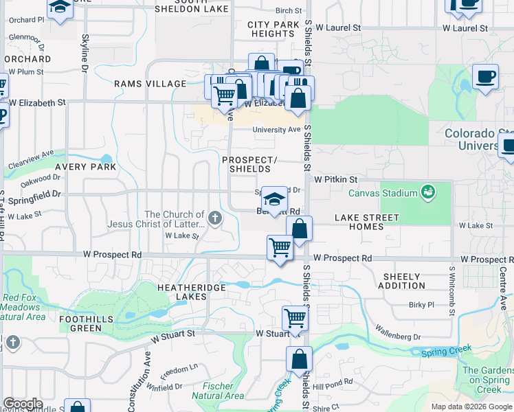 map of restaurants, bars, coffee shops, grocery stores, and more near 1125 Bennett Road in Fort Collins