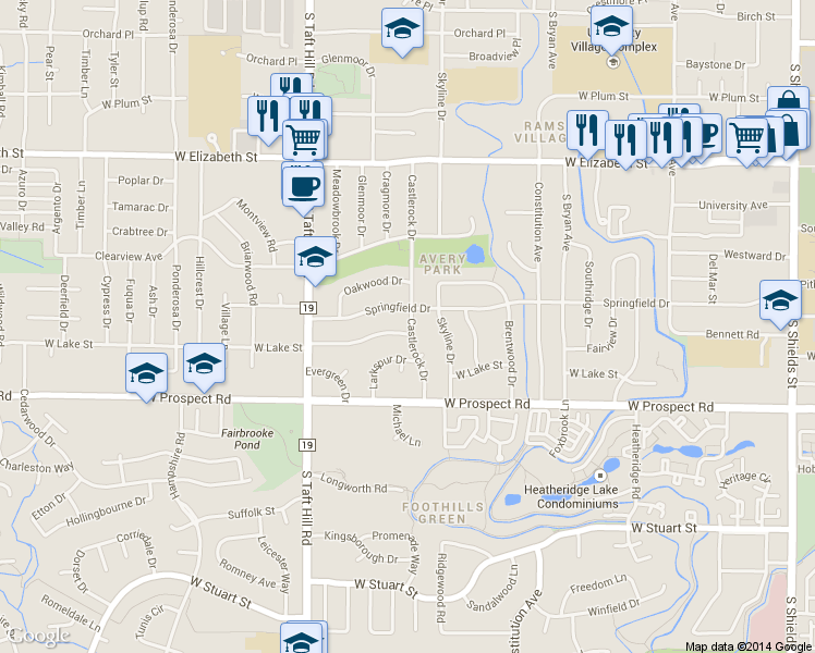 map of restaurants, bars, coffee shops, grocery stores, and more near 1900 Larkspur Drive in Fort Collins