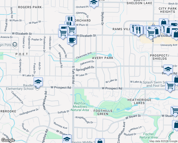 map of restaurants, bars, coffee shops, grocery stores, and more near 1920 Larkspur Drive in Fort Collins