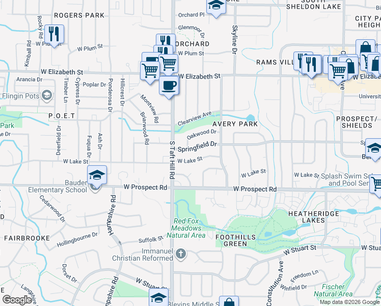 map of restaurants, bars, coffee shops, grocery stores, and more near 2005 West Lake Street in Fort Collins