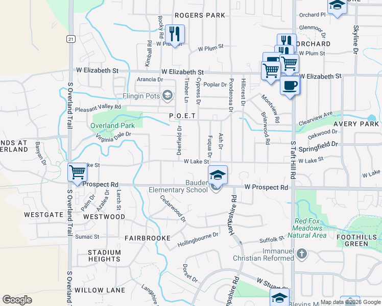 map of restaurants, bars, coffee shops, grocery stores, and more near 2425 West Lake Street in Fort Collins