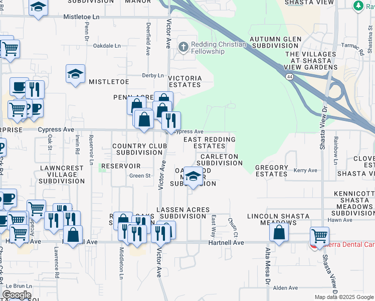 map of restaurants, bars, coffee shops, grocery stores, and more near 2634 Yana Avenue in Redding
